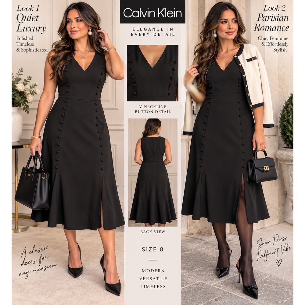 Calvin Klein Black V-Neck Button Detail Sleeveless Midi Dress Size 8